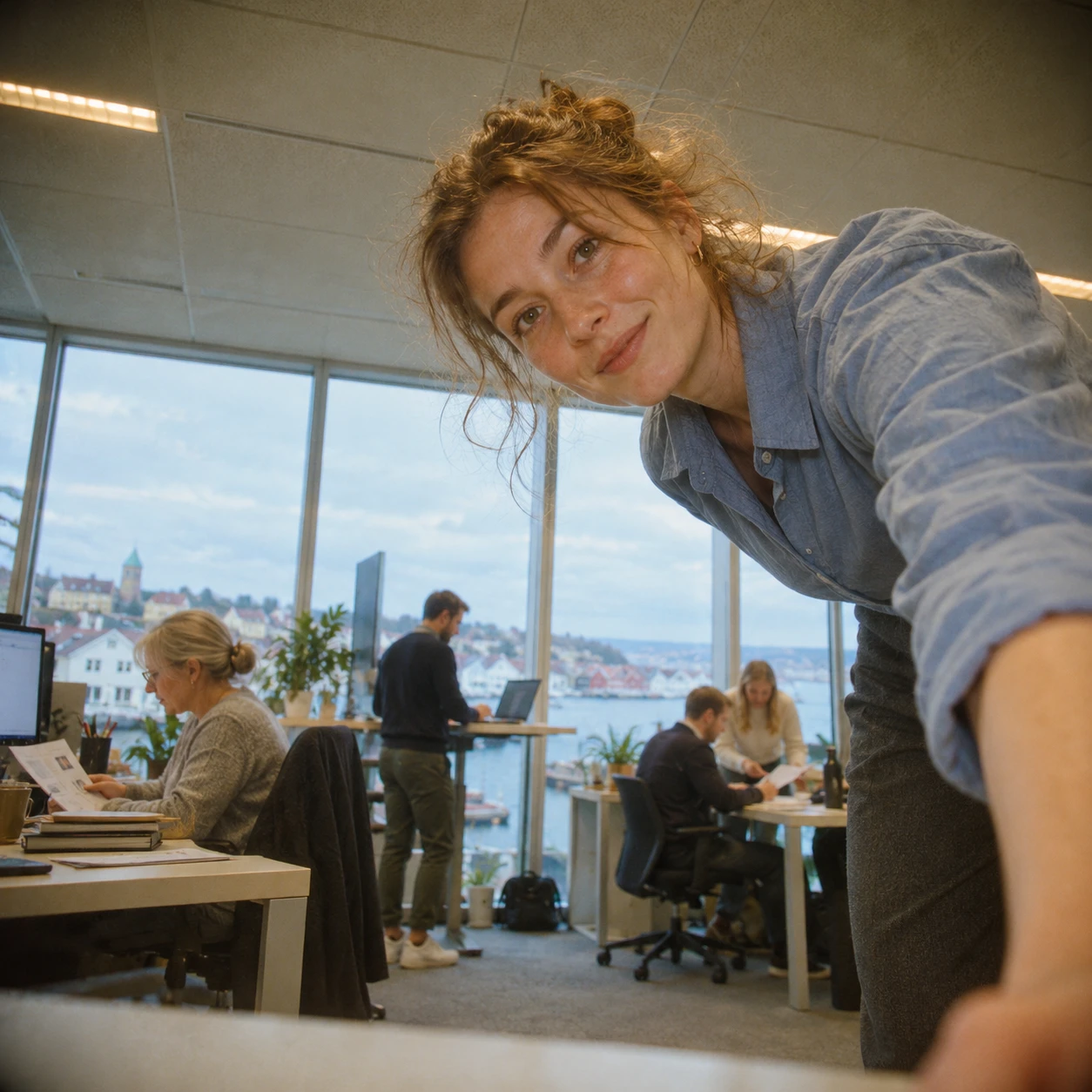 A Deca People colleague leaning over a desk in the office above the harbour